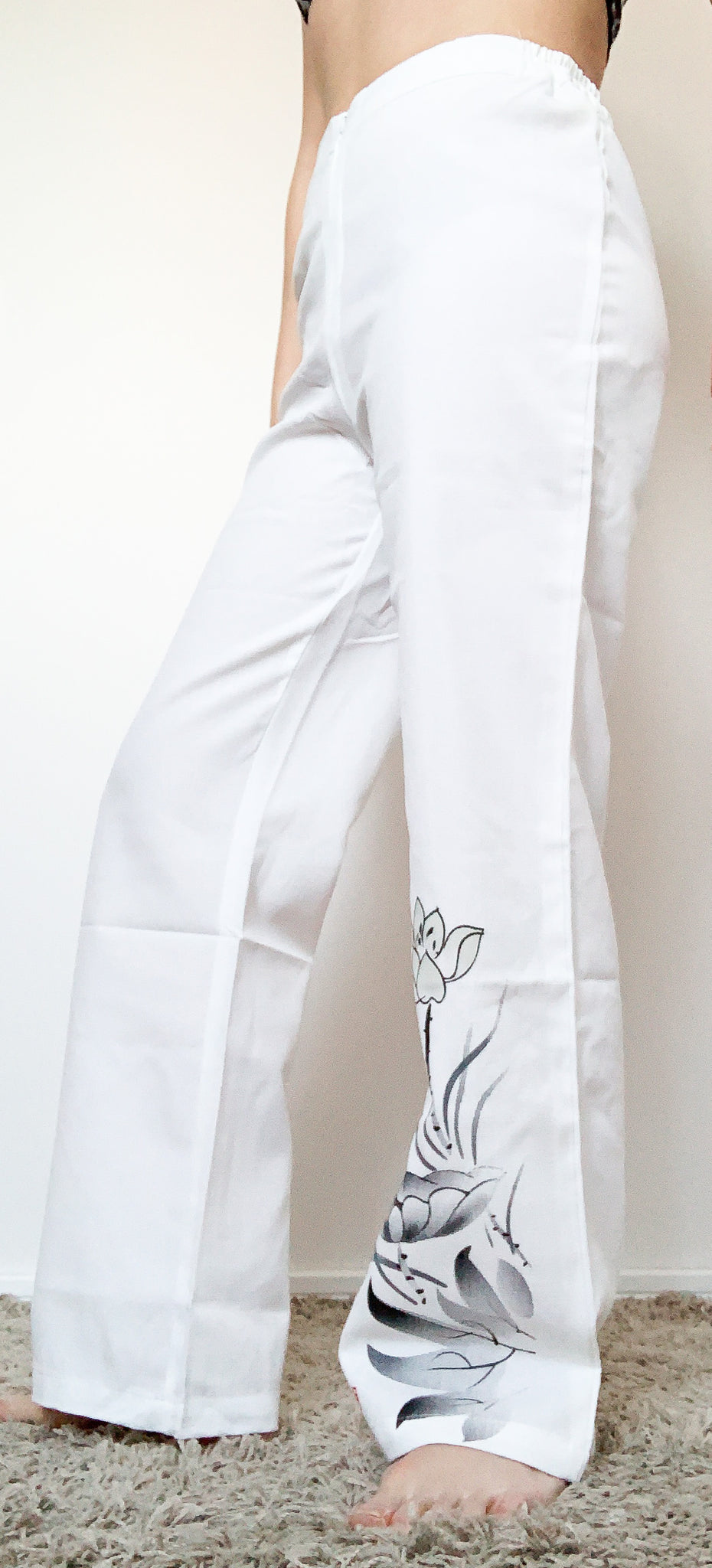 90s Y2K 00s VINTAGE LOTUS FLOWER FLORAL  WHITE LINEN BLENDED TROUSERS