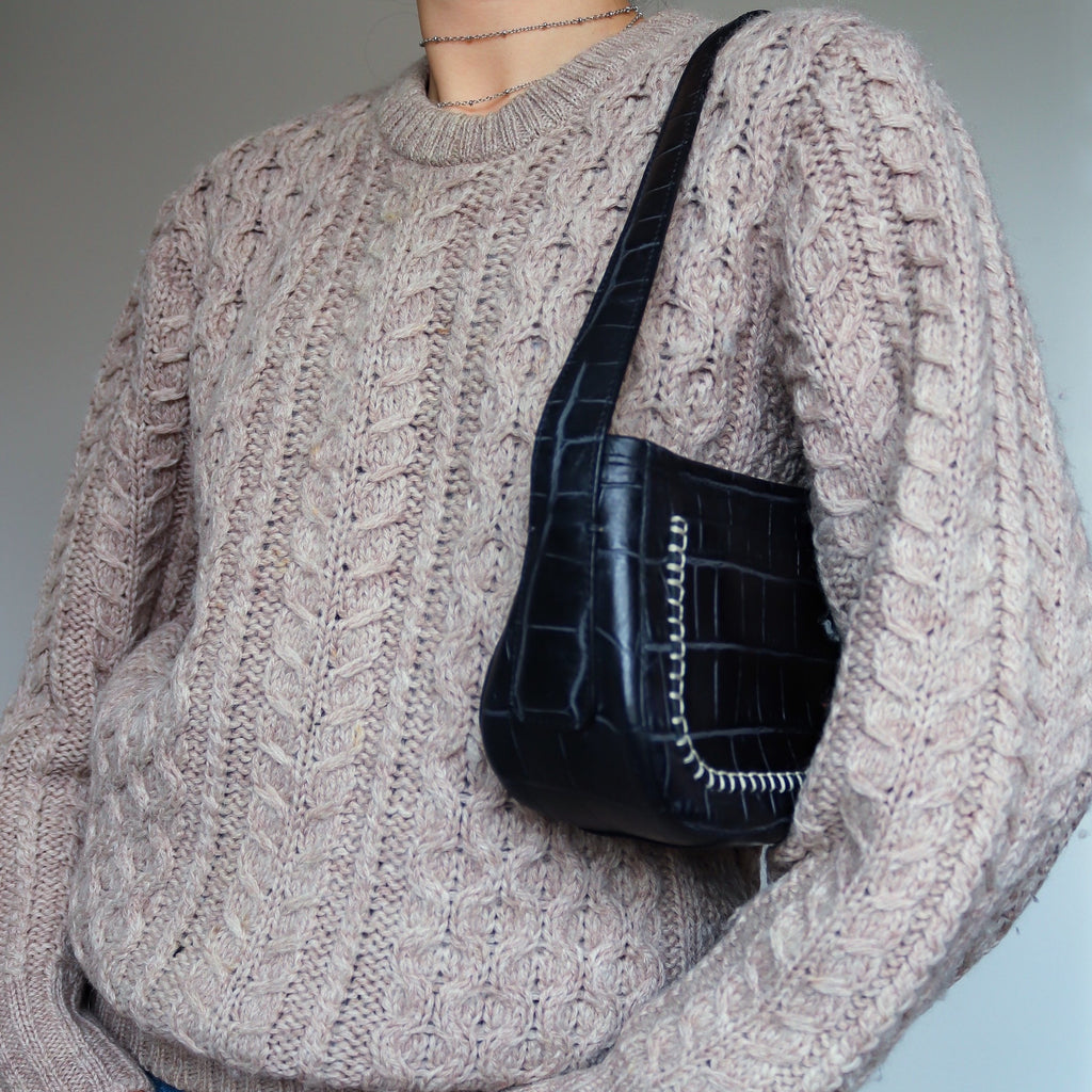 VINTAGE UNISEX MEN WOMEN BROWN PURE BRITISH WOOL CABLE KNIT JUMPER  TOP