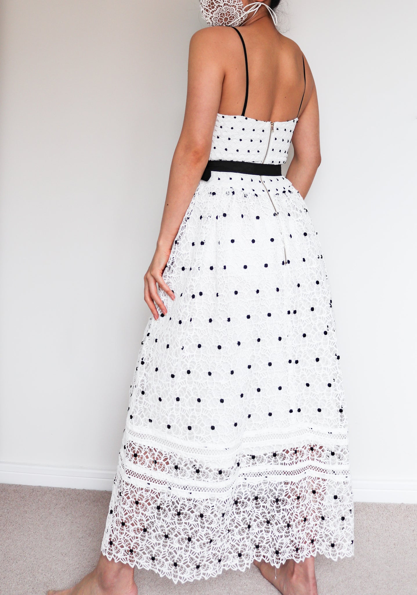 WHITE FLORAL DOTS LACE LONG MIDI DRESS WITH BLACK BELT