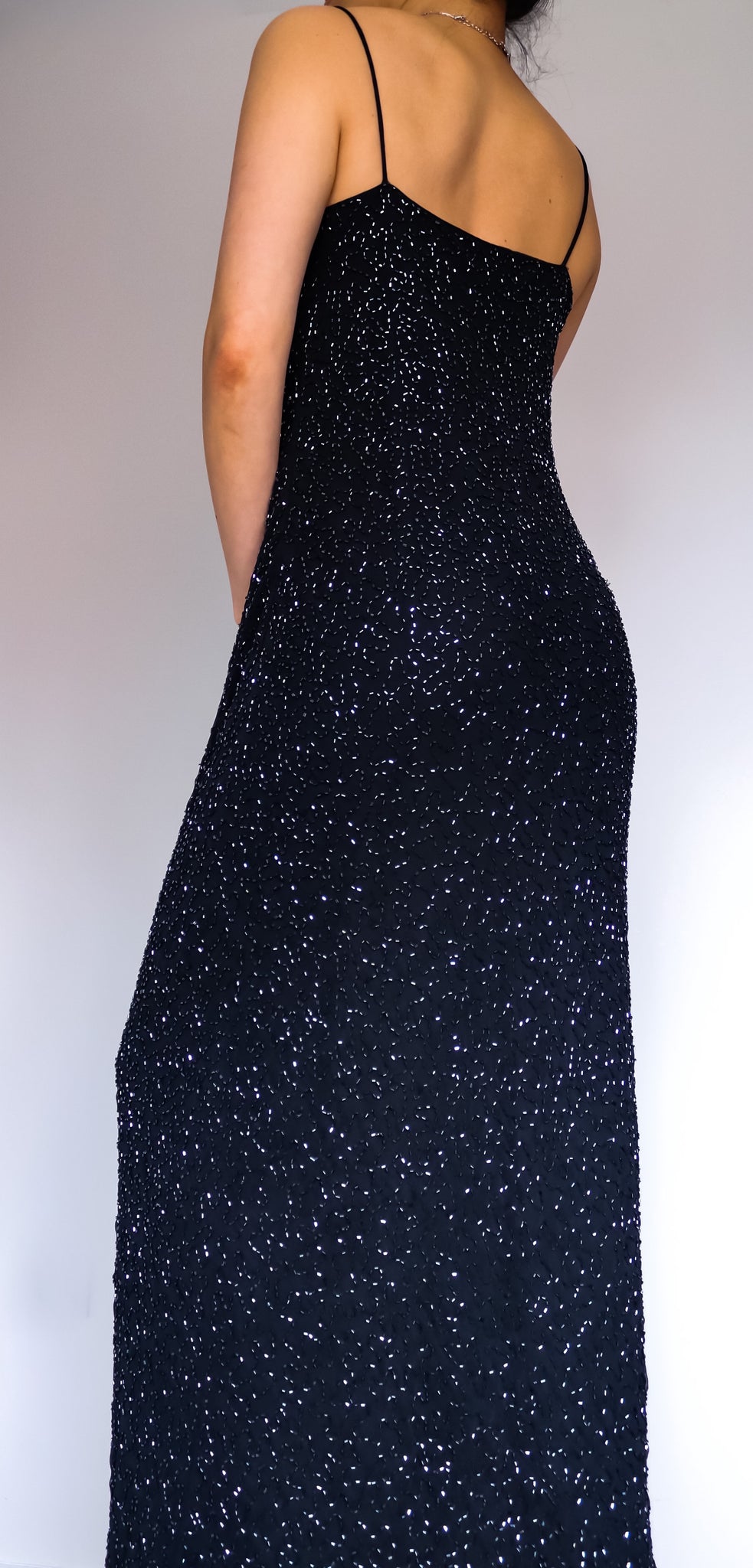 90s Y2K 00s VINTAGE BLACK COWL NECK BEADED STRAPS FULL LENGTH LONG MAXI EVENING SLIP DRESS