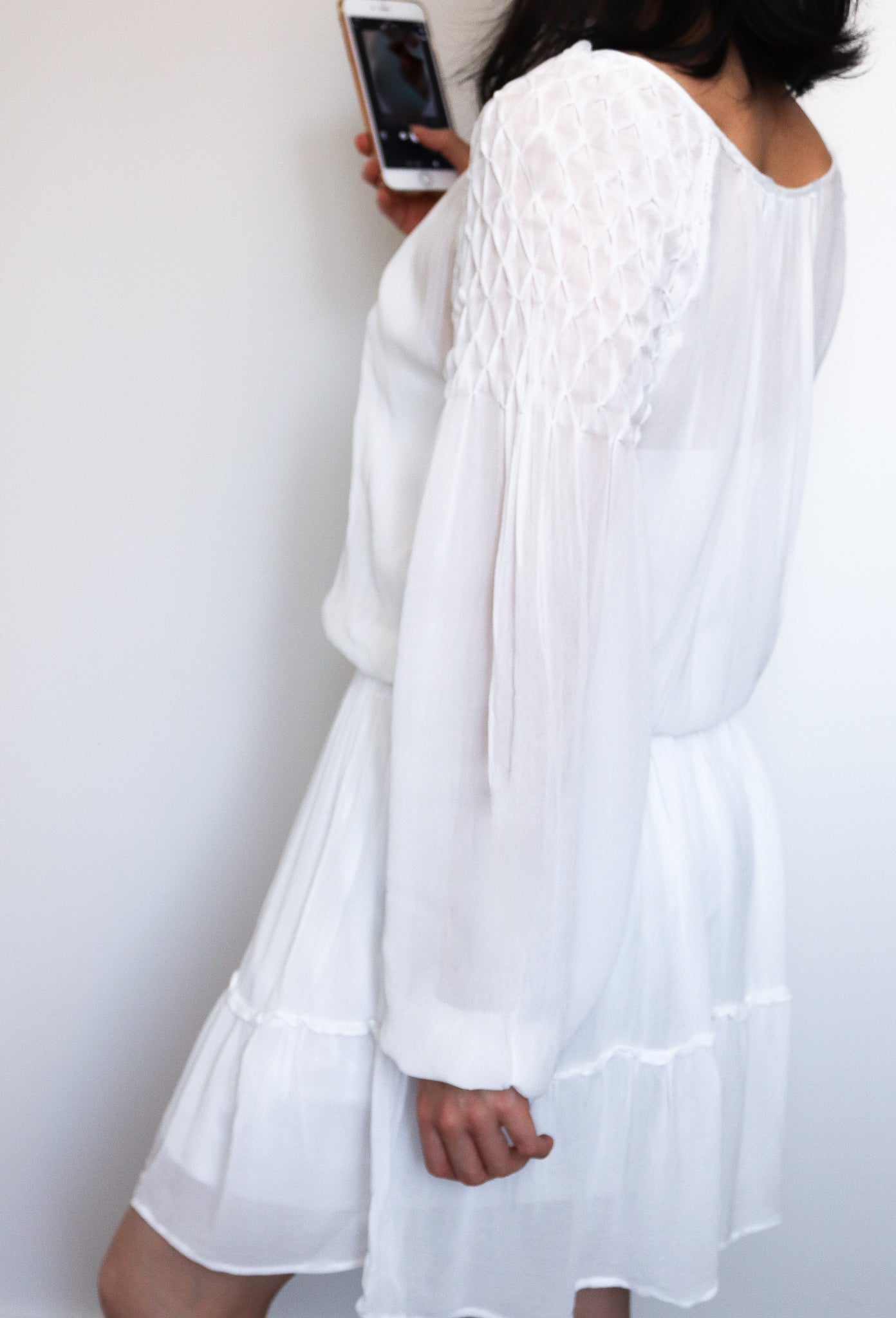 WHITE LONG SLEEVES SEMI SHEER CHIFFON WITH UNDERGARMENT SLIP  DRESS