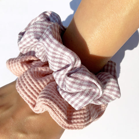 CUTE PINK PEACH CHECK SCRUNCHIE HAIRBAND SET HAIR ACCESSORIES