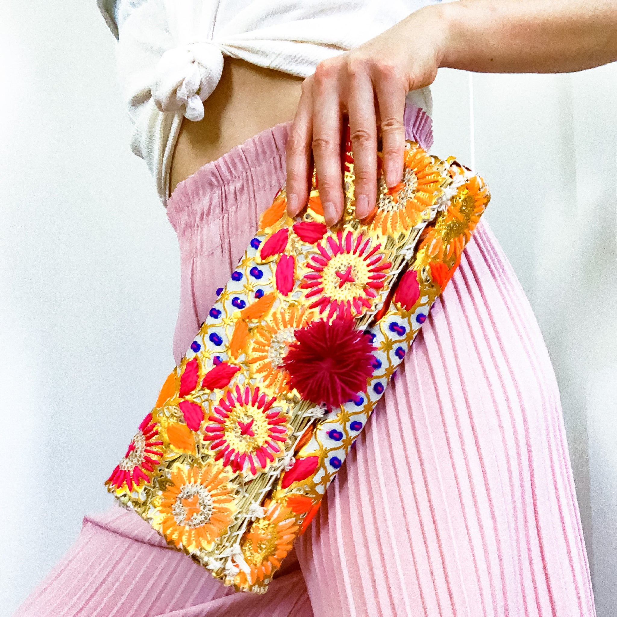 POM POM YARN SEQUINS EMBROIDERY BAMBOO LONG TRIBAL CLUTCH BAG