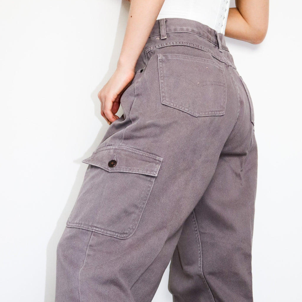 VINTAGE GREY SIDE POCKETS HIGH WAISTED CARGO PANTS TROUSERS