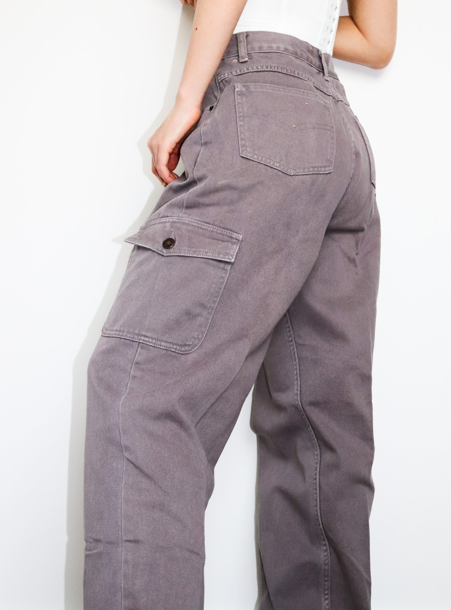 VINTAGE GREY SIDE POCKETS HIGH WAISTED CARGO PANTS TROUSERS