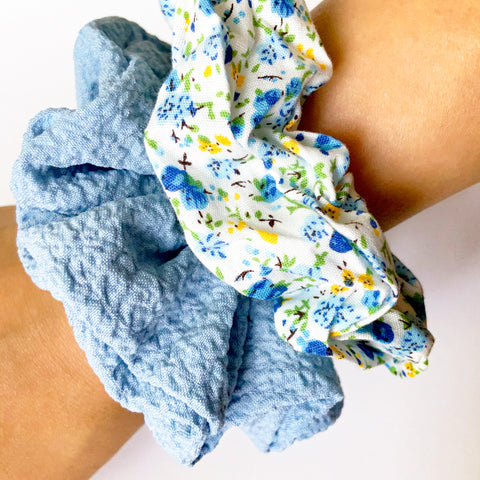 CUTE FLORAL BLUE SCRUNCHIE HAIRBAND SET HAIR ACCESSORIES