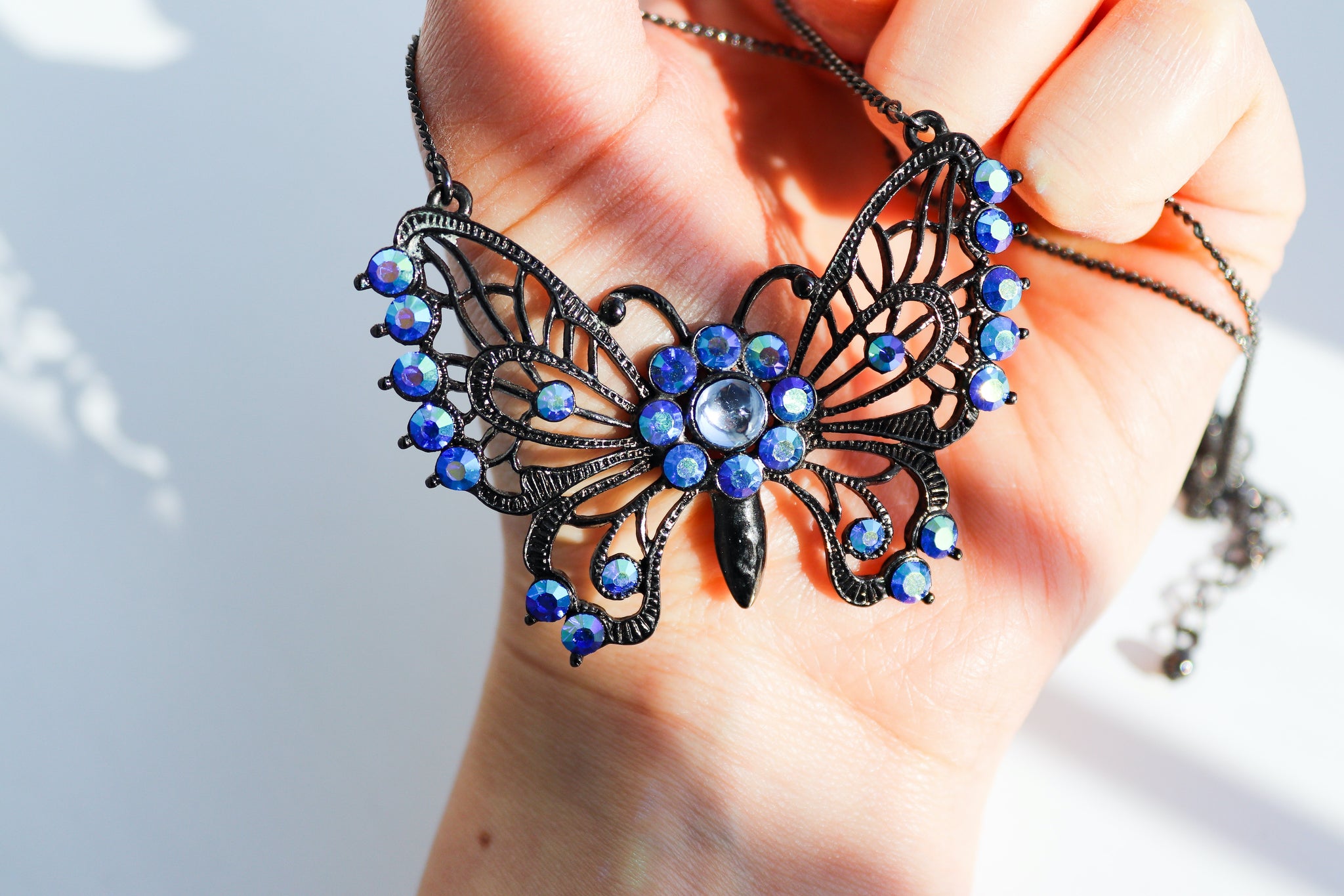 90s VINTAGE GOTHIC BOHO TRIBAL BLUE DIAMANTÉ BUTTERFLY DEEP GREY SHORT NECKLACE