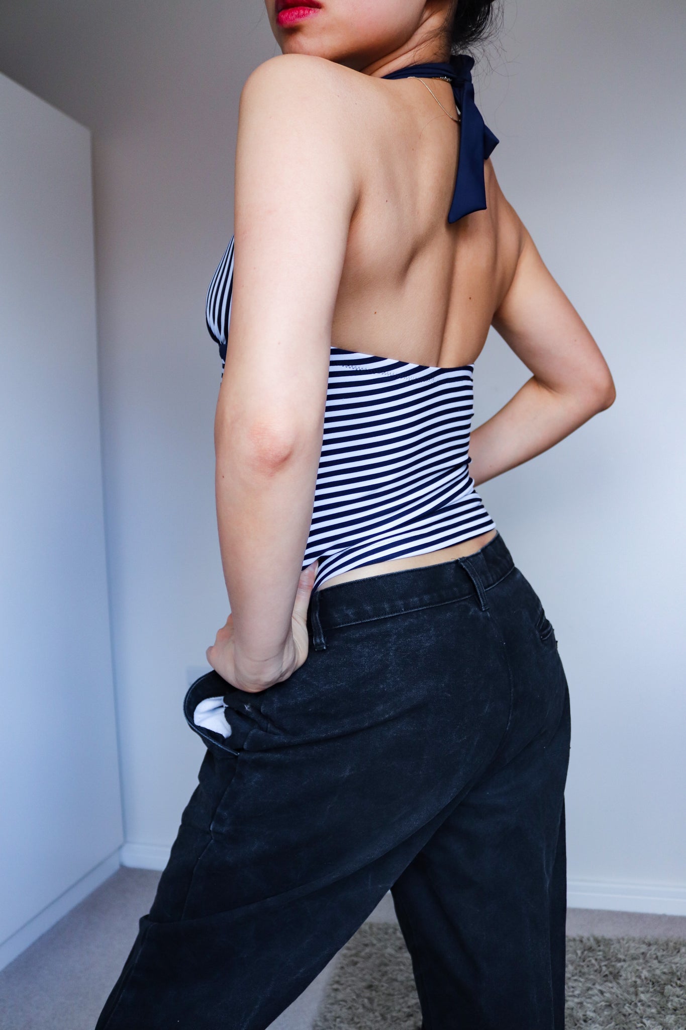 90s VINTAGE WHITE COMPANY STRETCHY SWIMWEAR HALTER NECK STRAP STRIPES BIKINI TANK TOP