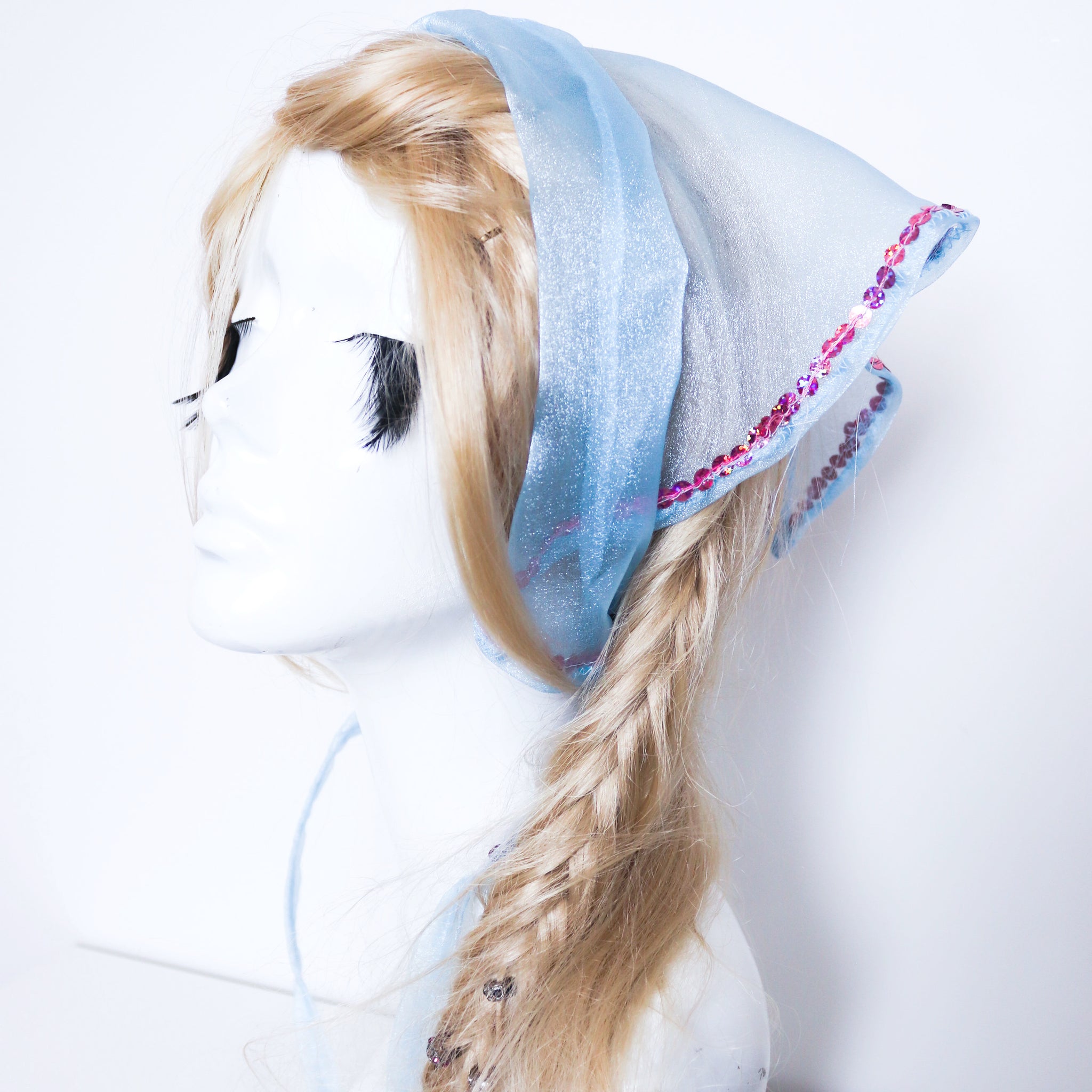 LITTLE FAIRY MAID 90S STYLE PINK SEQUINS SHEER SHIMMER BLUE HANDKERCHIEF BANDANA HEADBAND