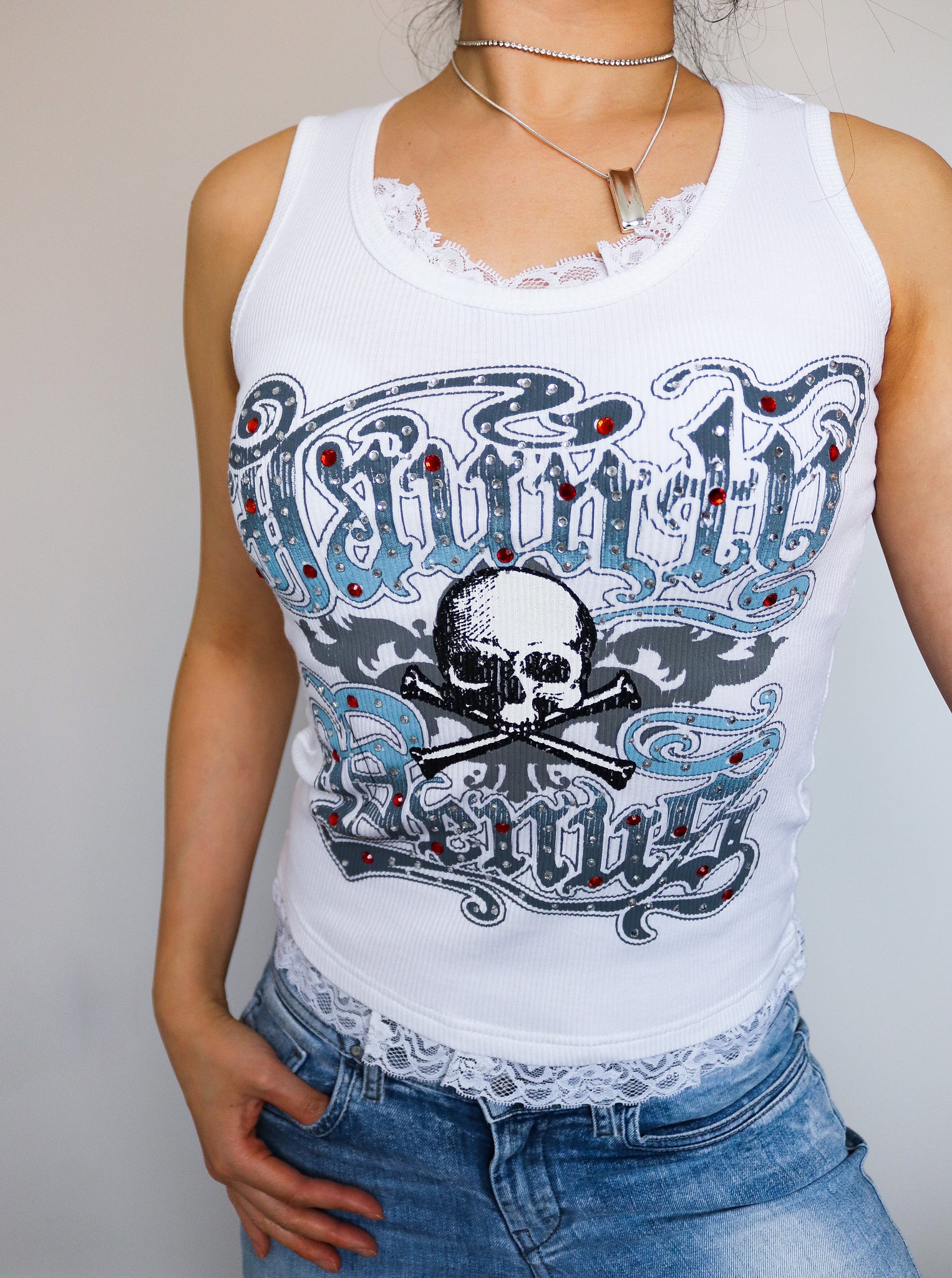 Y2K 90s 00s white skull lace trims vest