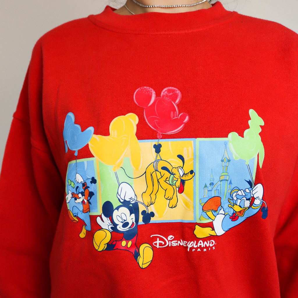 Y2K 00S 90S VINTAGE DISNEY WORLD PARIS RED MICKEY MOUSE GOOFY DONALD DUCK JUMPER SWEATER