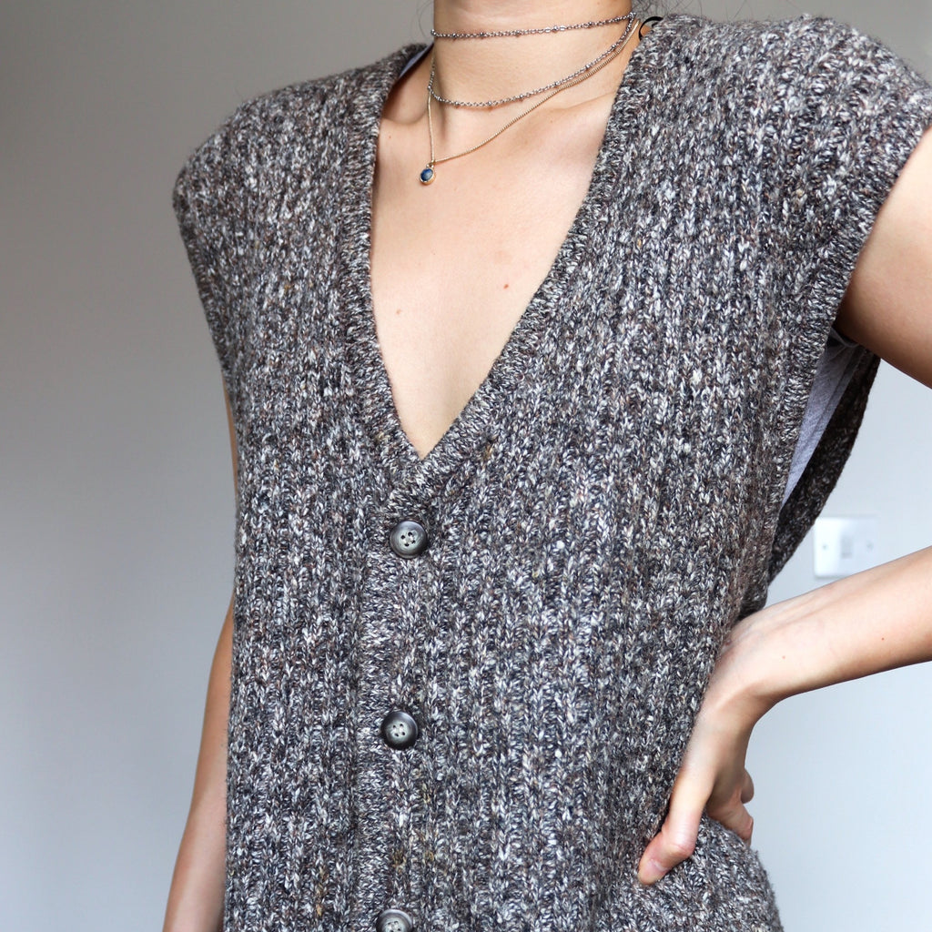 VINTAGE UNISEX MEN WOMEN BROWN WOOL BLENDED RIB  KNIT VEST