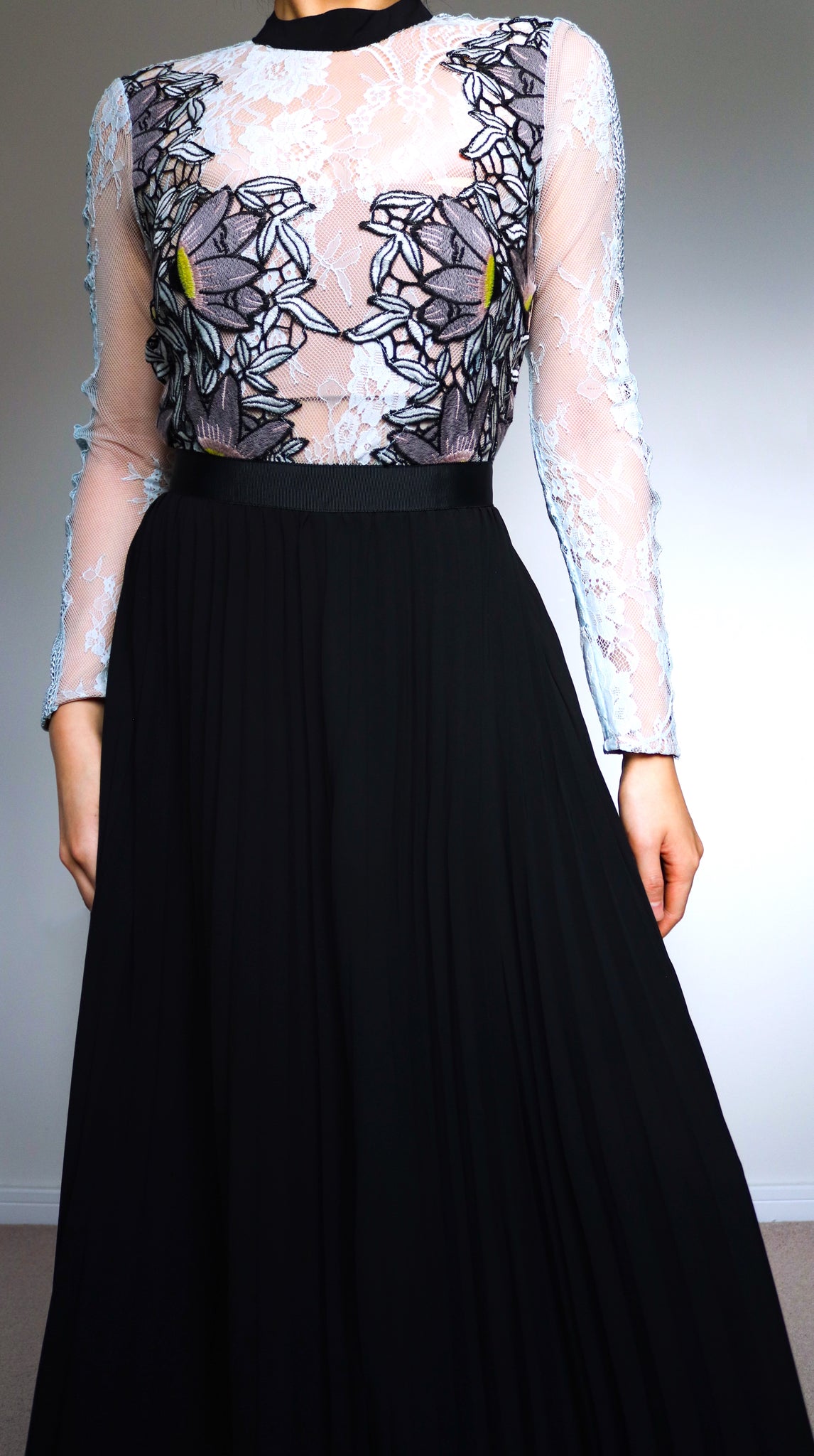 LIGHT BLUE FORMAL MESH FLORAL LONG LACE SLEEVES PLEATED MAXI LONG DRESS