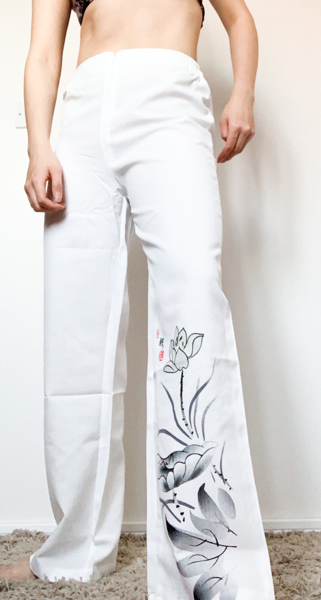 90s Y2K 00s VINTAGE LOTUS FLOWER FLORAL  WHITE LINEN BLENDED TROUSERS