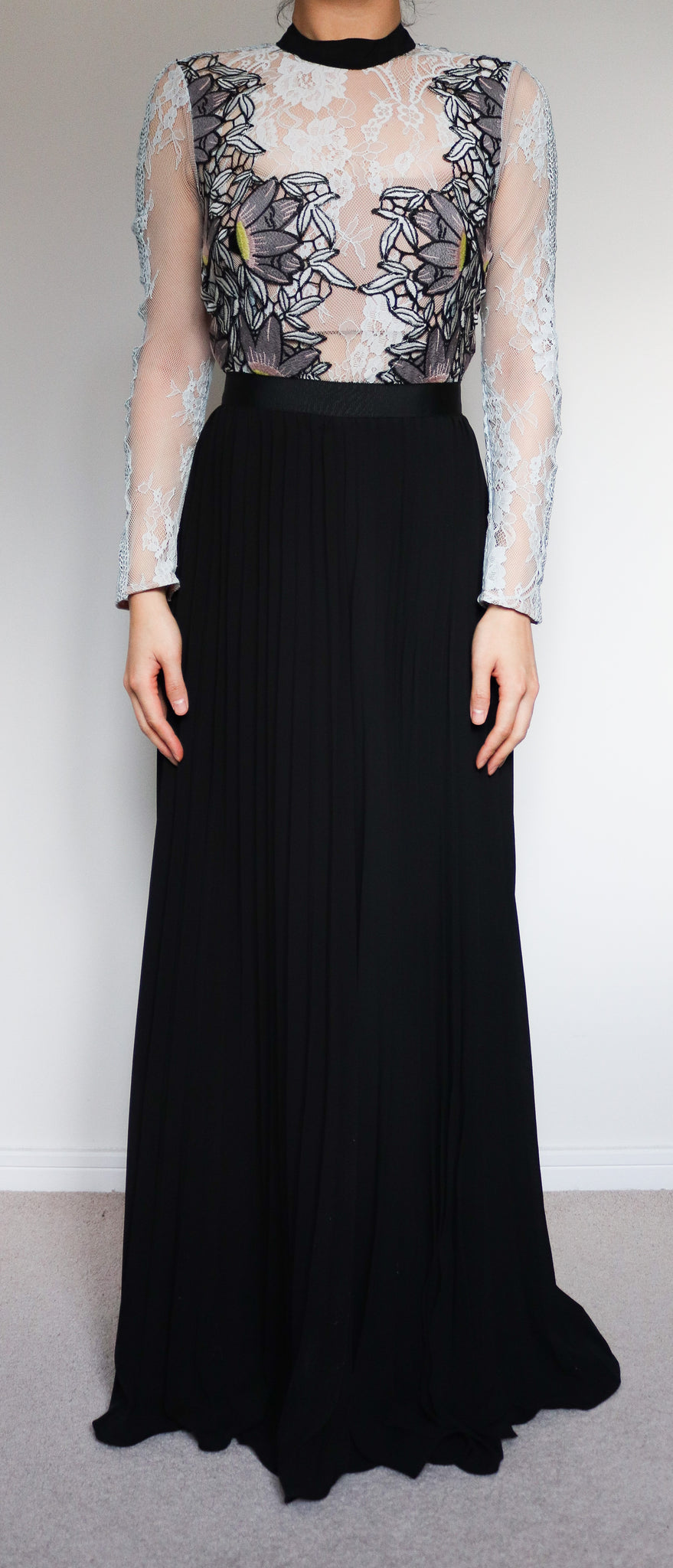 LIGHT BLUE FORMAL MESH FLORAL LONG LACE SLEEVES PLEATED MAXI LONG DRESS