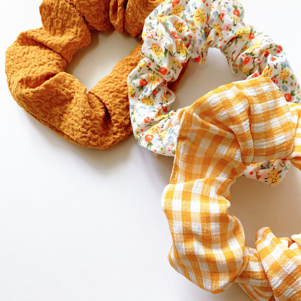 CUTE FLORAL YELLOW CHECK SCRUNCHIE HAIRBAND SET HAIR ACCESSORIES