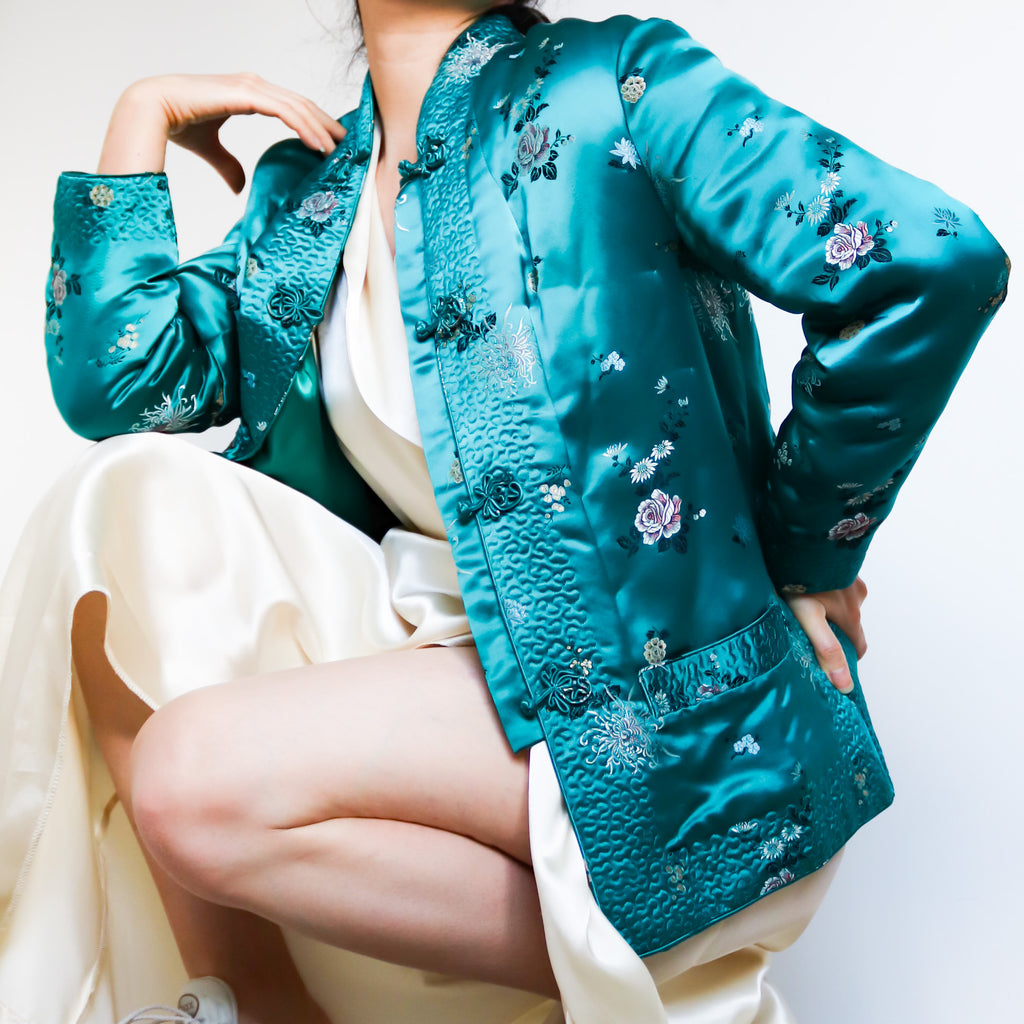 VINTAGE GREEN ORIENTAL FLORAL SILK BLENDED COAT BLAZER JACKET