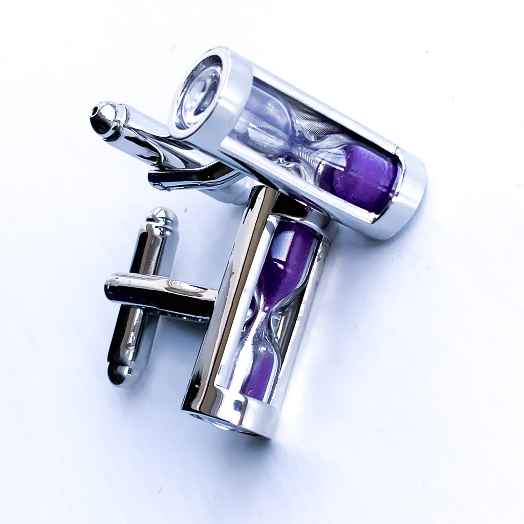 MEN PURPLE SAND HOURGLASS SAND TIMER SILVER CUFFLINKS