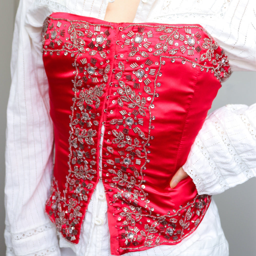 VINTAGE SILVER BEADS BEADED CRAFT EMBELLISHMENT RED SILK BLENDED BONED BUSTIER CORSET TOP