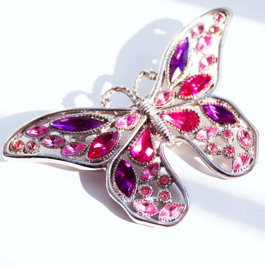 90s VINTAGE BOHO TRIBAL PINK PURPLE DIAMANTÉ BUTTERFLY CUTE BROOCH PIN