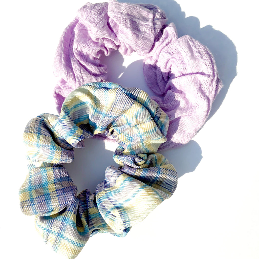 CUTE PURPLE BLUE CHECK SCRUNCHIE HAIRBAND SET HAIR ACCESSORIES