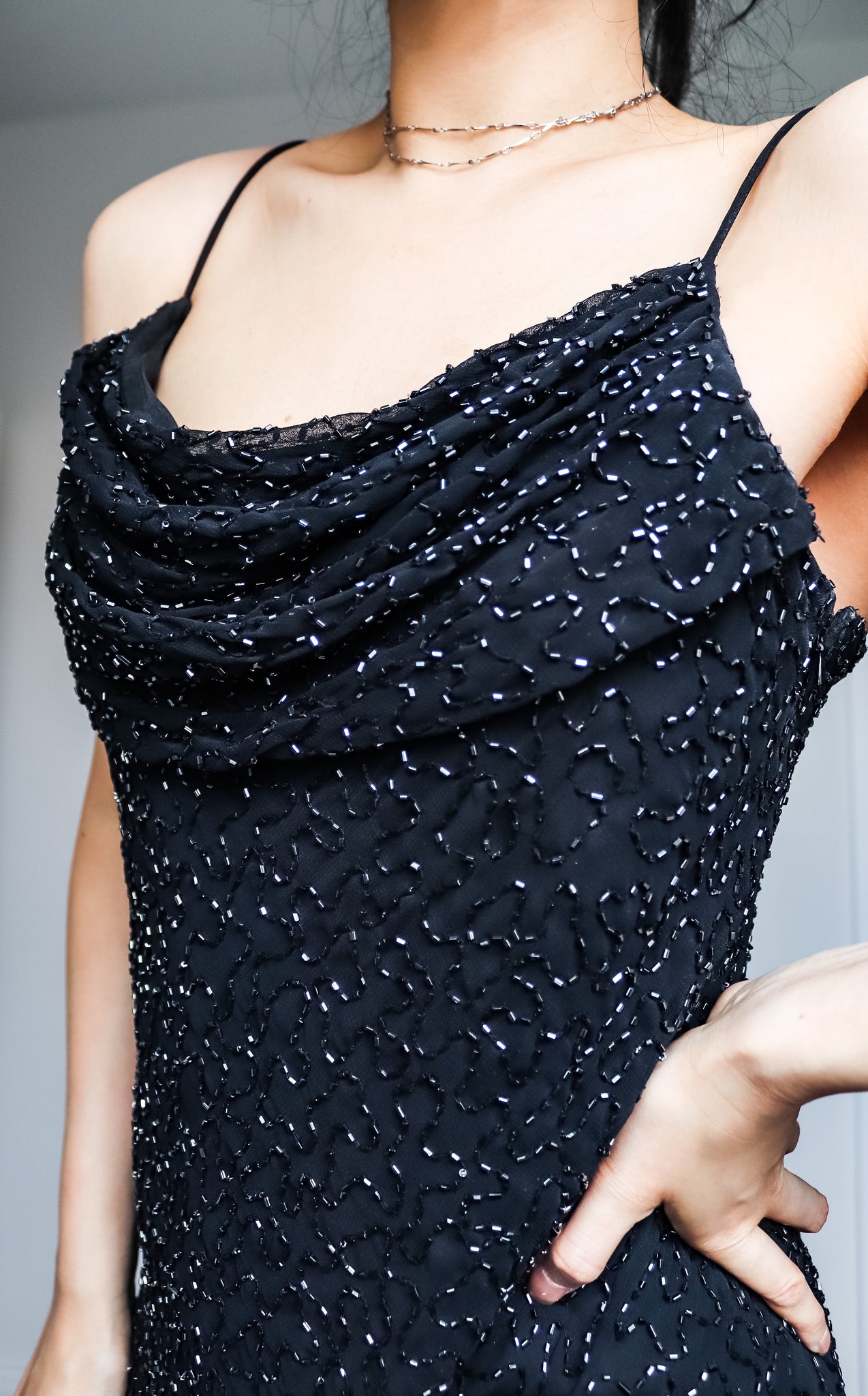 90s Y2K 00s VINTAGE BLACK COWL NECK BEADED STRAPS FULL LENGTH LONG MAXI EVENING SLIP DRESS