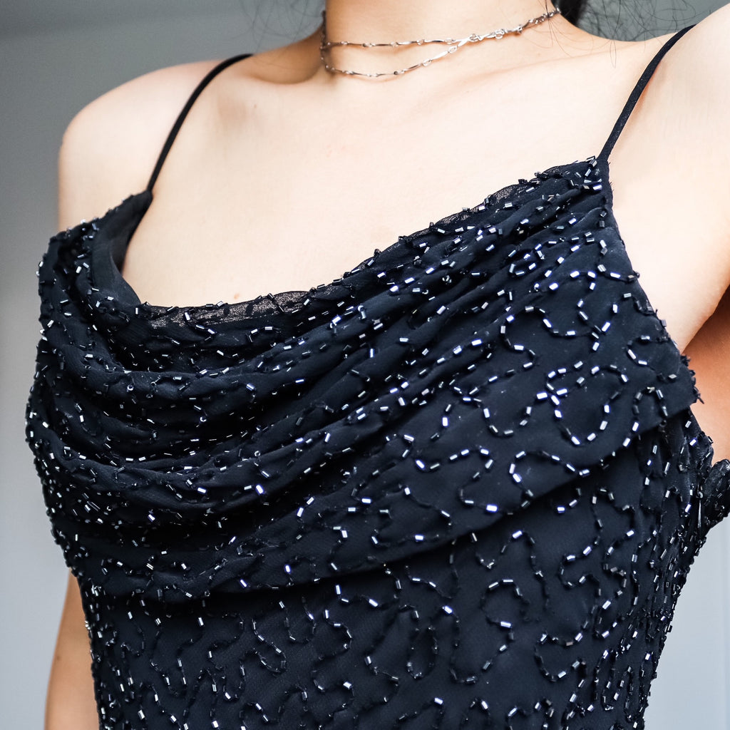 90s Y2K 00s VINTAGE BLACK COWL NECK BEADED STRAPS FULL LENGTH LONG MAXI EVENING SLIP DRESS