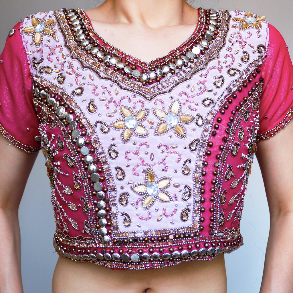 VINTAGE PINK BOHO HIPPIE FLORAL SEQUIN BEADS BEADED PALE GOLD THREADS EMBROIDERY BACK TIES CROP SHORT SLEEVES TOP