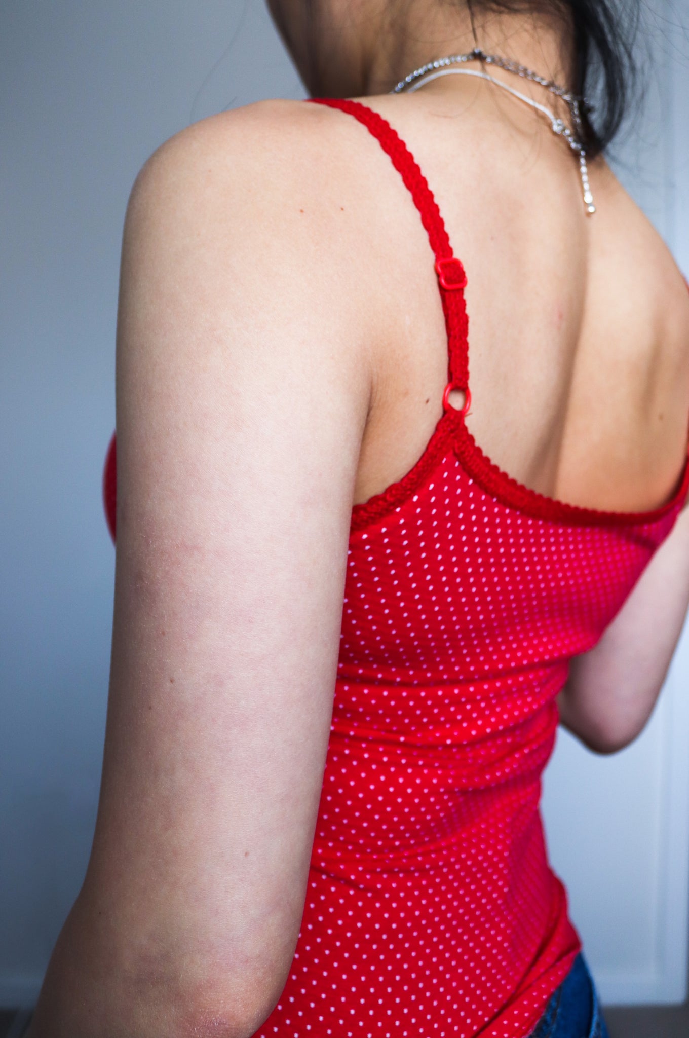90S 00 Y2K CHERRY RED DOTS LACE STRETCHY STRAP CAMI COTTON BLENDED VEST TOP