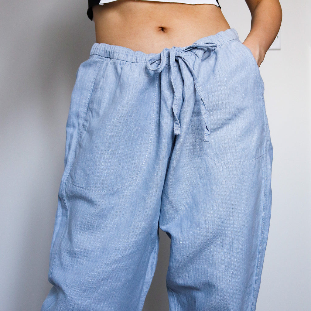 90s Y2K 00s SIMPLE PALE BLUE LINEN BLEND TROUSERS