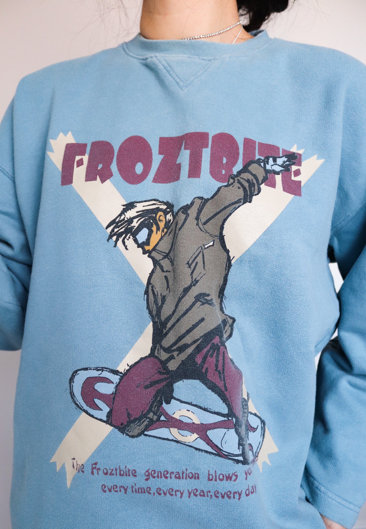 90S VINTAGE SKI BOARD ILLUSTRATION BLUE LONG SLEEVES JUMPER SWEATER