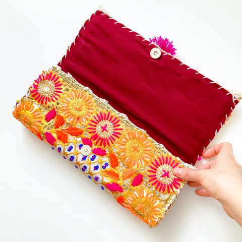 POM POM YARN SEQUINS EMBROIDERY BAMBOO LONG TRIBAL CLUTCH BAG