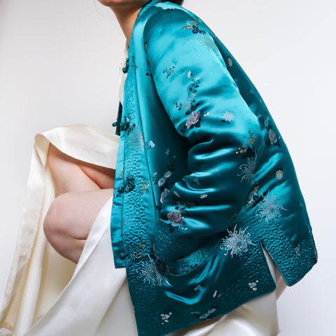 VINTAGE GREEN ORIENTAL FLORAL SILK BLENDED COAT BLAZER JACKET