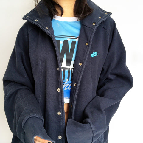 90s Y2k 2000s VINTAGE MEN UNISEX NIKE HIGH NECK BASEBALL STYLE NAVY THICK COTTON BLENDED JACKET SWEATER