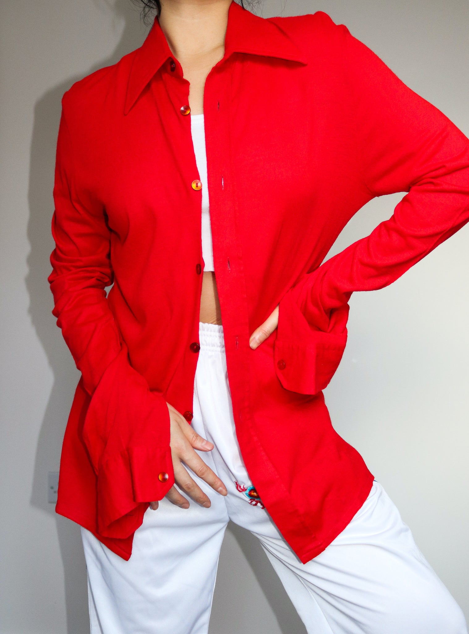 90S VINTAGE RED LONG SLIM FIT SHIRT TOP