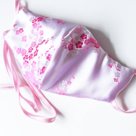PINK ORIENTAL FLORAL BLOSSOM FLOWER SATIN 2 LAYERS WITHOUT  FILTER POCKET FACE MASK