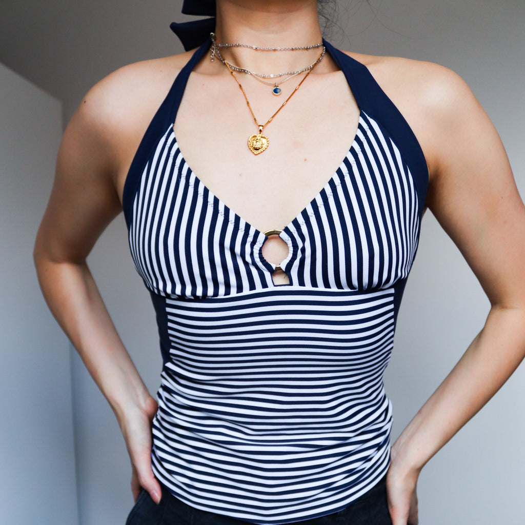 90s VINTAGE WHITE COMPANY STRETCHY SWIMWEAR HALTER NECK STRAP STRIPES BIKINI TANK TOP