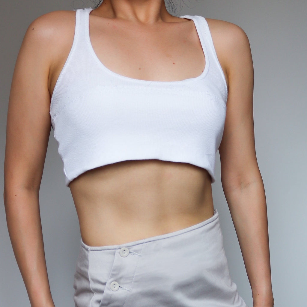 90s Y2K 2000s WHITE STITCHING BOOB SHORT STRETCHY CROP VEST TOP