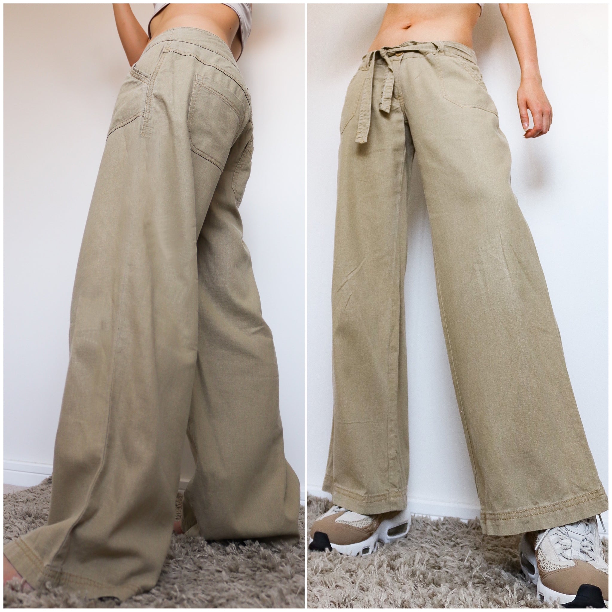 90S Y2K 00S VINTAGE SIMPLE BEIGE LINEN BLENDED BELT TROUSERS