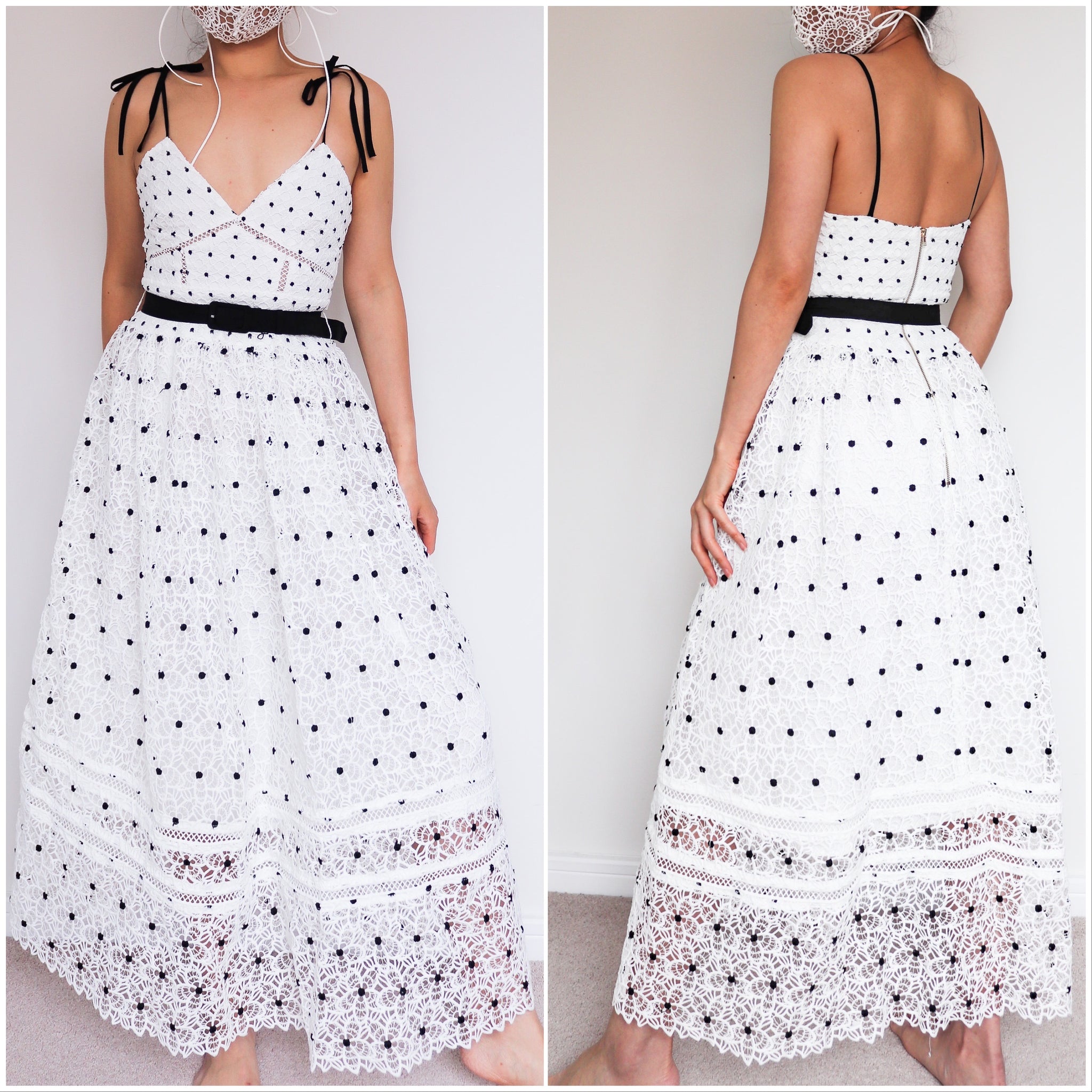 WHITE FLORAL DOTS LACE LONG MIDI DRESS WITH BLACK BELT