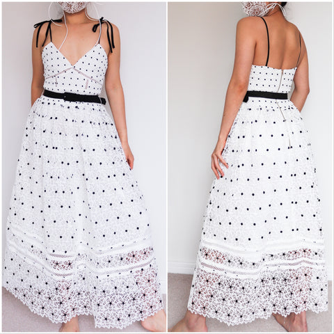 WHITE FLORAL DOTS LACE LONG MIDI DRESS WITH BLACK BELT