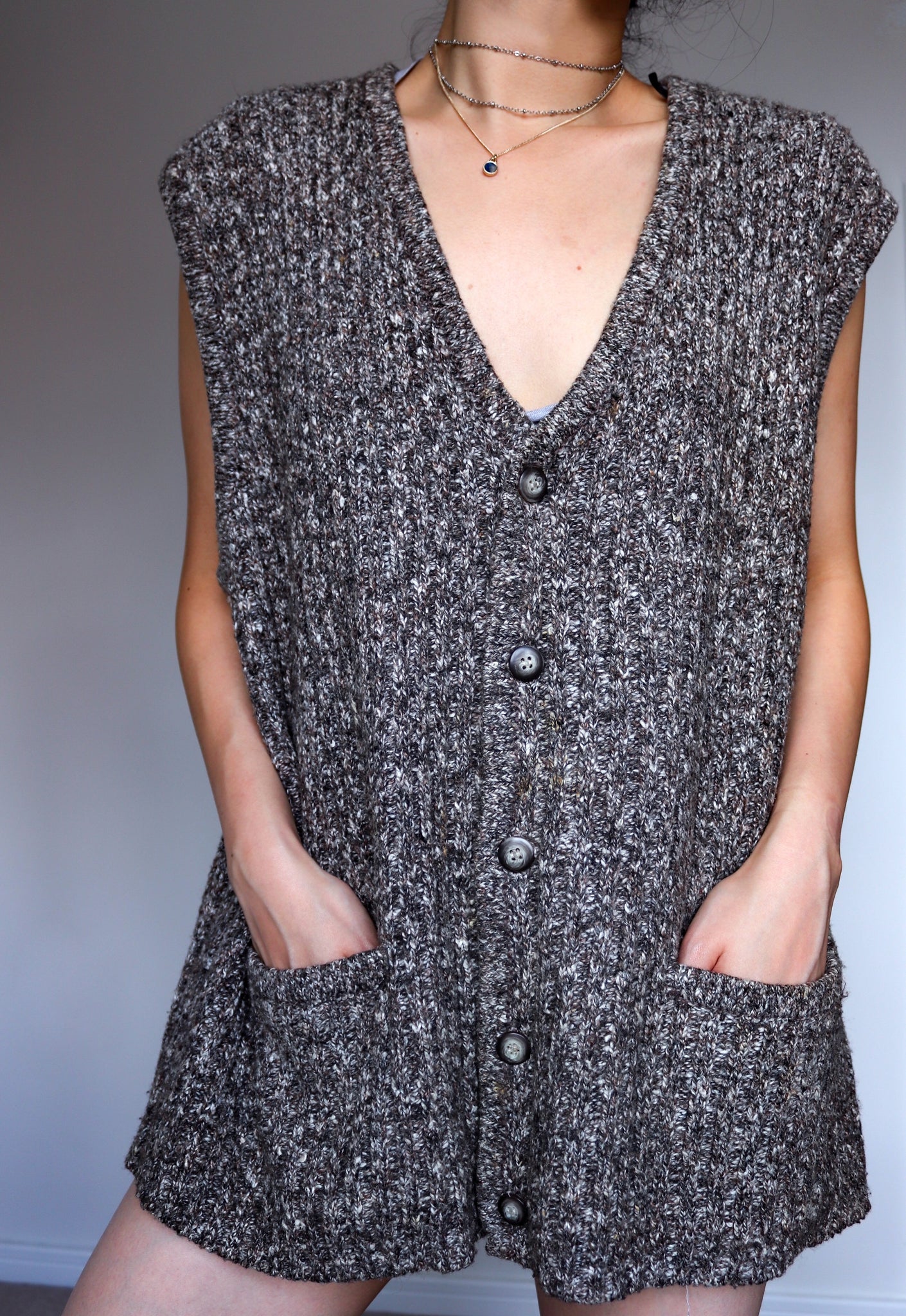 VINTAGE UNISEX MEN WOMEN BROWN WOOL BLENDED RIB  KNIT VEST