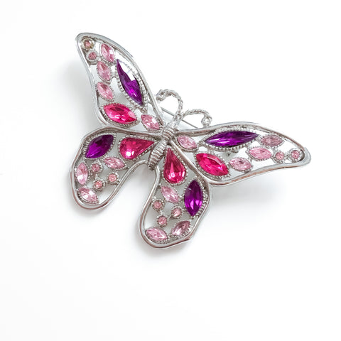 90s VINTAGE BOHO TRIBAL PINK PURPLE DIAMANTÉ BUTTERFLY CUTE BROOCH PIN