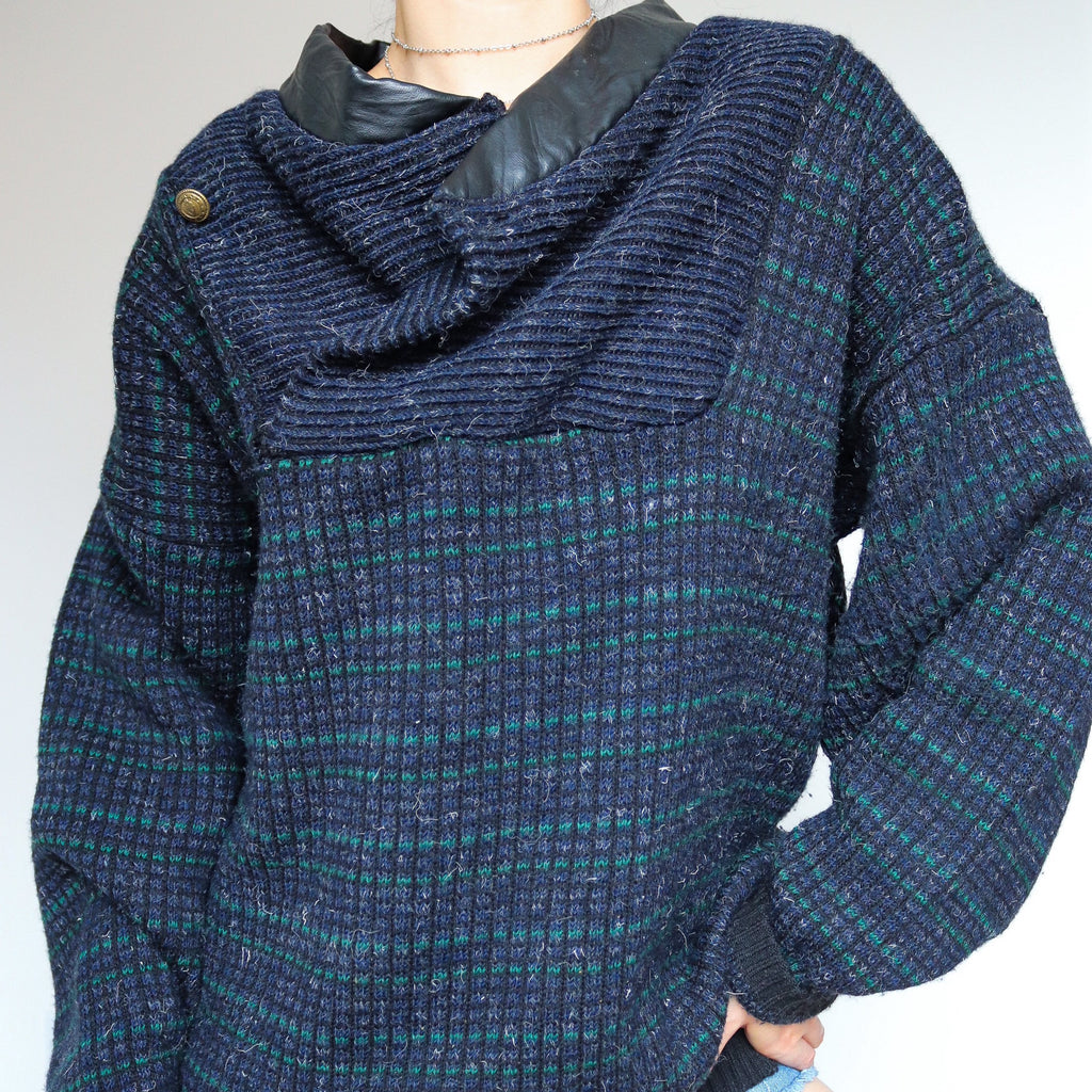 VINTAGE UNISEX MEN WOMEN NAVY BLUE BLACK WOOL BLENDED KNIT JUMPER TOP