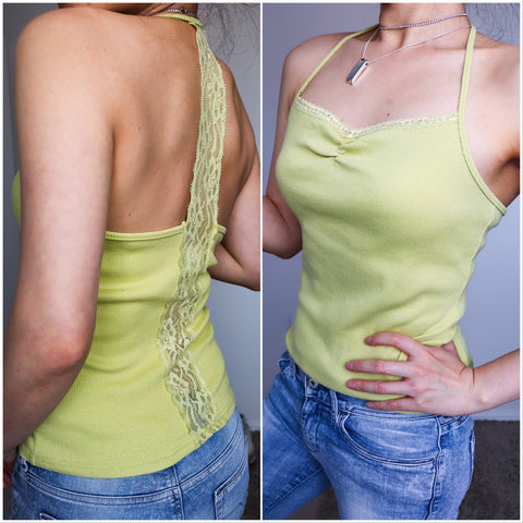 90S 00 Y2K LIME GREEN SHEER LACE BACK LACE TRIM NECKLINE  HALTER STRAP CAMI COTTON BLENDED VEST TOP
