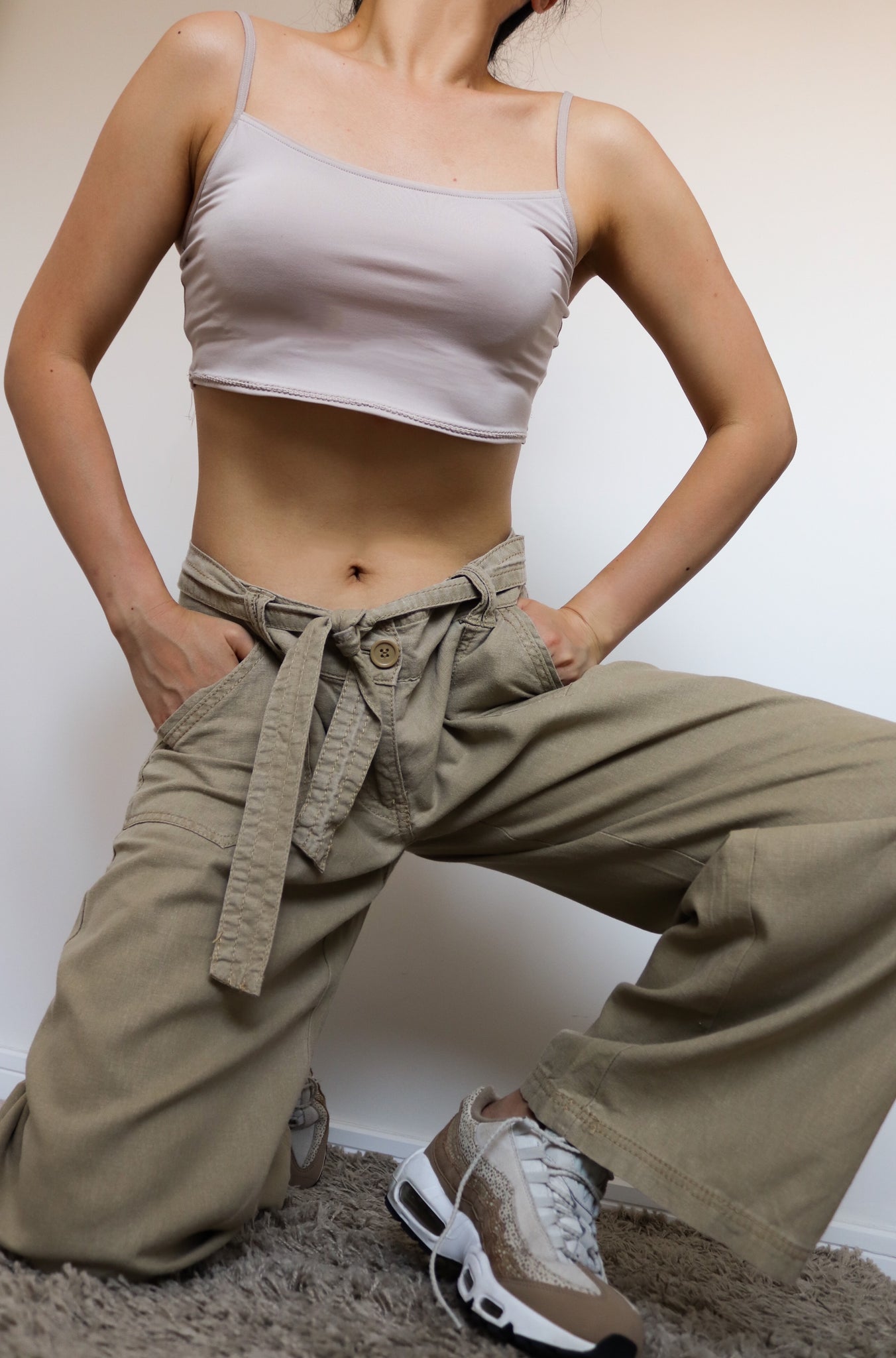 90S Y2K 00S VINTAGE SIMPLE BEIGE LINEN BLENDED BELT TROUSERS