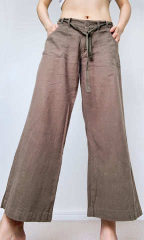 90s Y2K 00s VINTAGE BROWN LINEN BLENDED WITH WASIT TIE TROUSERS