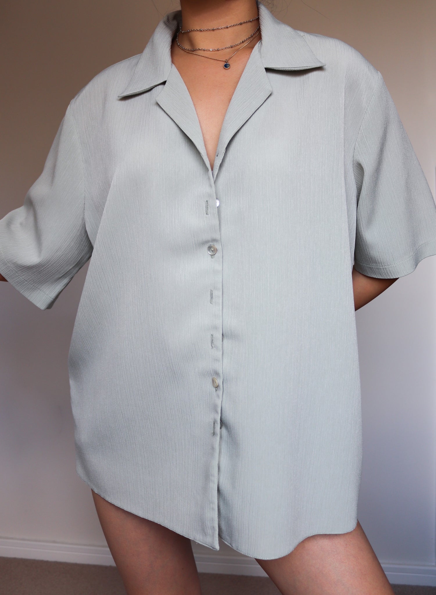 VINTAGE PALE GREEN RELAXED BOX FIT BOXY TEXTURED FABRIC SHORT SLEEVES SHIRT BLOUSE TOP