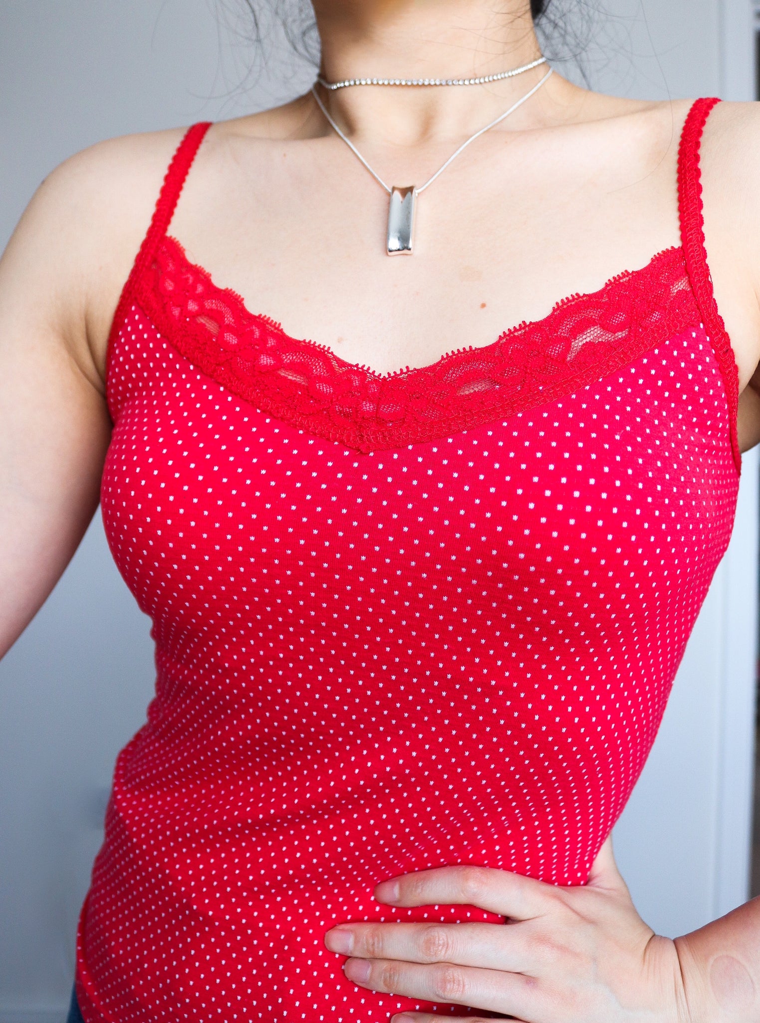 90S 00 Y2K CHERRY RED DOTS LACE STRETCHY STRAP CAMI COTTON BLENDED VEST TOP