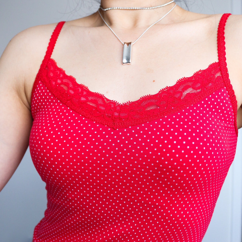 90S 00 Y2K CHERRY RED DOTS LACE STRETCHY STRAP CAMI COTTON BLENDED VEST TOP